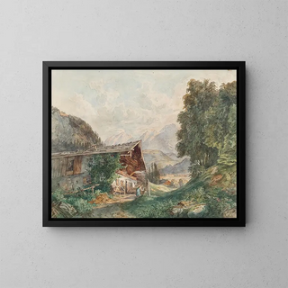 Franz Barbarini - Alpenlandschaft mit Bauernhaus und Frau am Brunnen.webp