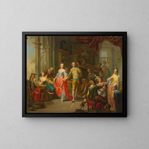 Elegant company with figures playing musical instruments and partying indoors - Franz Christoph Janneck — framed artwork on a wall