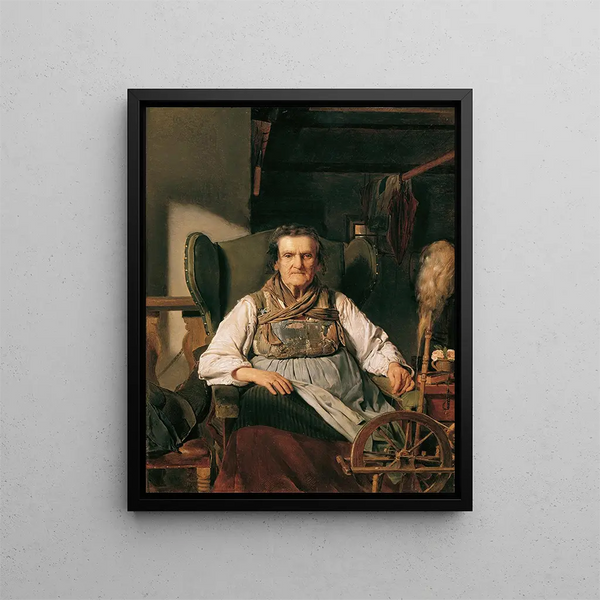 a farmer from Ramsau at the spinning wheel - Franz Eybl — framed artwork on a wall