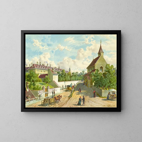 La rue Whringer à Vienne avec la maison de secours Zum Blauen Herrgott et la chapelle des Krawoten - Franz Gerasch — framed artwork on a wall
