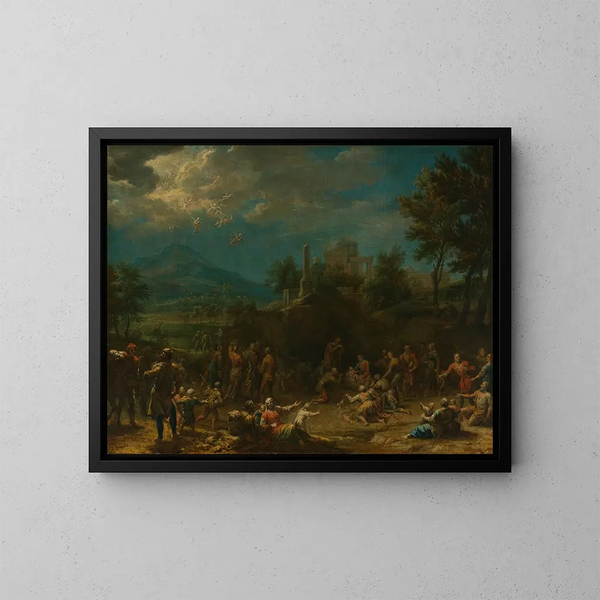 Adoration des bergers devant un vaste paysage - Franz Joachim Beich — framed artwork on a wall