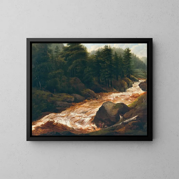 Lumberjacks at the mountain stream - Franz Scheyerer — framed artwork on a wall