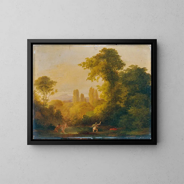 Landscape painting with mythological figures - Franz Schrotzberg — framed artwork on a wall