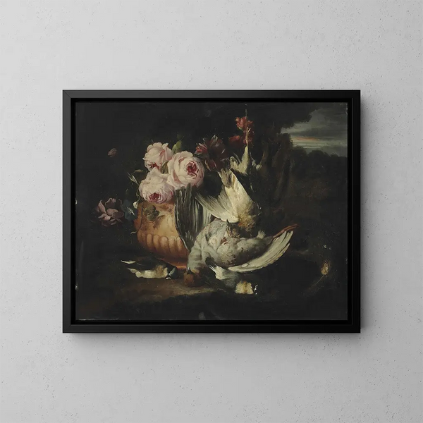 Flowers in a terracotta vase with dead game - Franz Werner von Tamm — framed artwork on a wall