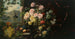 Een rijke bos bloemen in een koperen pot en druiven voor een rode gordijn - Franz Xaver Birkinger — weergave van het kunstwerk