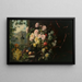 Een rijke bos bloemen in een koperen pot en druiven voor een rode gordijn - Franz Xaver Birkinger — ingelijst kunstwerk aan de muur