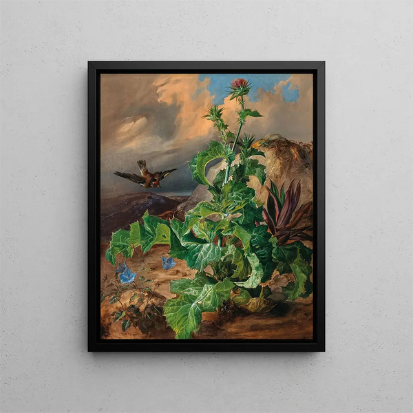 Still life with a large thistle and a goldfinch - Franz Xaver Gruber — framed artwork on a wall