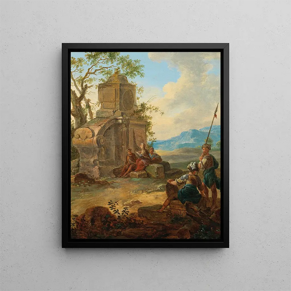 a landscape with ruins and resting figures - Franz de Paula Ferg — framed artwork on a wall