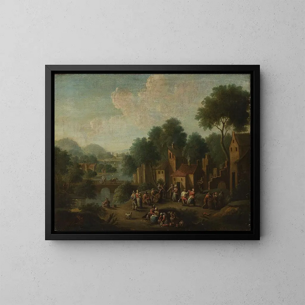 Landscape painting with peasants playing - Franz de Paula Ferg — framed artwork on a wall