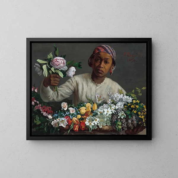 Young woman with peonies - Frédéric Bazille — framed artwork on a wall