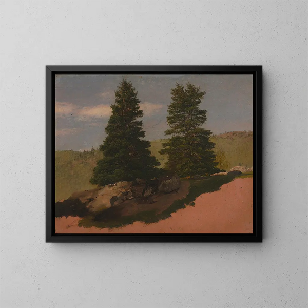 Landschapschilderij van Nieuw-Engeland met twee dennenbomen - Frederic Edwin Church — ingelijst kunstwerk aan de muur