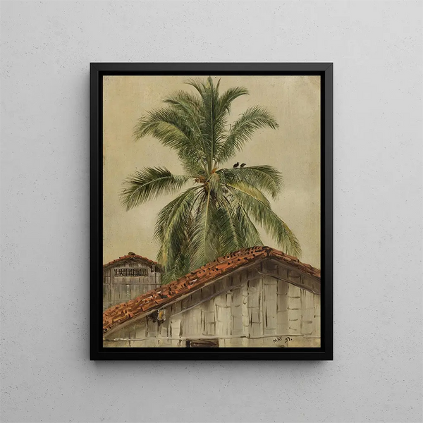 Palmbomen en daken van huizen in Ecuador - Frederic Edwin Church — ingelijst kunstwerk aan de muur