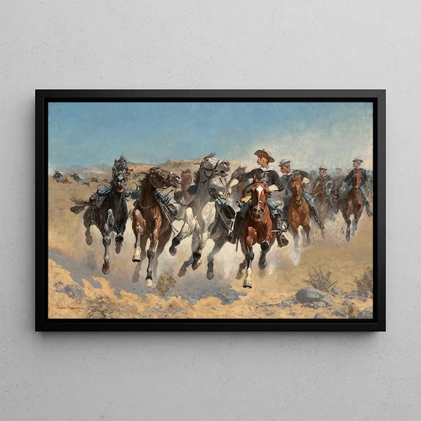 Ontmanteld, de vierde ruiters verplaatsen de paarden geleid - Frederic Remington — ingelijst kunstwerk aan de muur