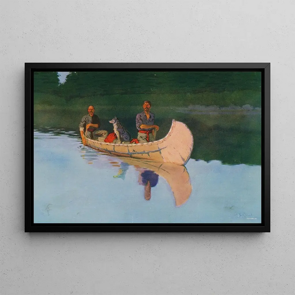 Twee mannen en een hond in een kano - Frederic Remington — ingelijst kunstwerk aan de muur