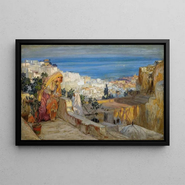 Arabische vrouwen op een dak met Algiers op de achtergrond - Frederick Arthur Bridgman — ingelijst kunstwerk aan de muur