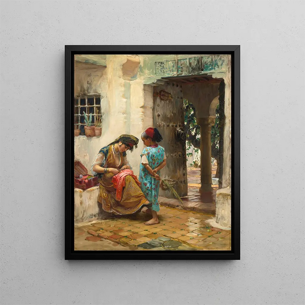De naailesles - Frederick Arthur Bridgman — ingelijst kunstwerk aan de muur