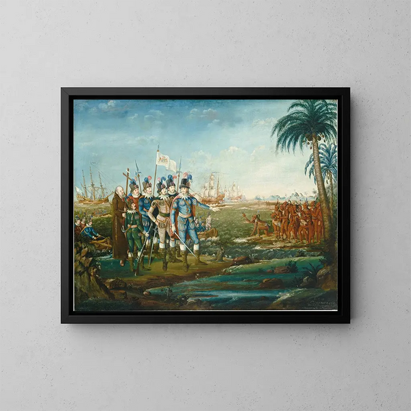 Eerste aankomst van Christoffel Columbus - Frederick Kemmelmeyer — ingelijst kunstwerk aan de muur