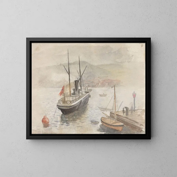 Boat at the port - Frederik Collett — framed artwork on a wall