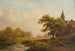 Summer landscape painting with shepherds and livestock near a village - Frederik Marinus Kruseman — artwork view