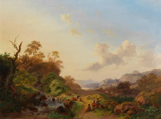 Frederik Marinus Kruseman - Summer landscape with figures and cattle near a waterfall.webp