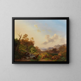 Frederik Marinus Kruseman - Summer landscape with figures and cattle near a waterfall.webp
