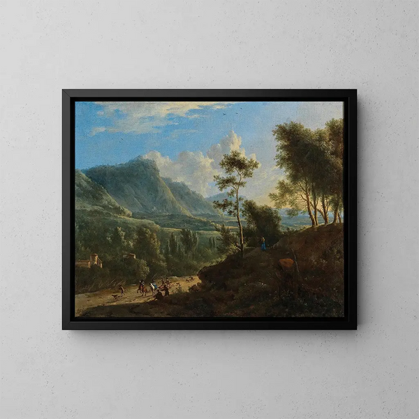 an Italian landscape with a hunting party - Frederik de Moucheron — framed artwork on a wall