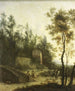 Italiaanse landschapsschilderij met jagers - Frederik de Moucheron — weergave van het kunstwerk