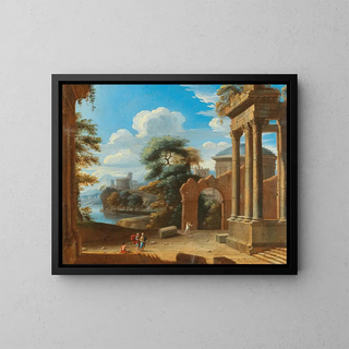 French School - A river landscape with figures by ruins.webp
