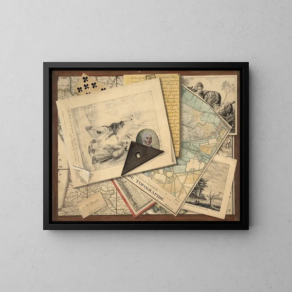 Trompe-l'œil of a square, engravings and maps - French School — framed artwork on a wall