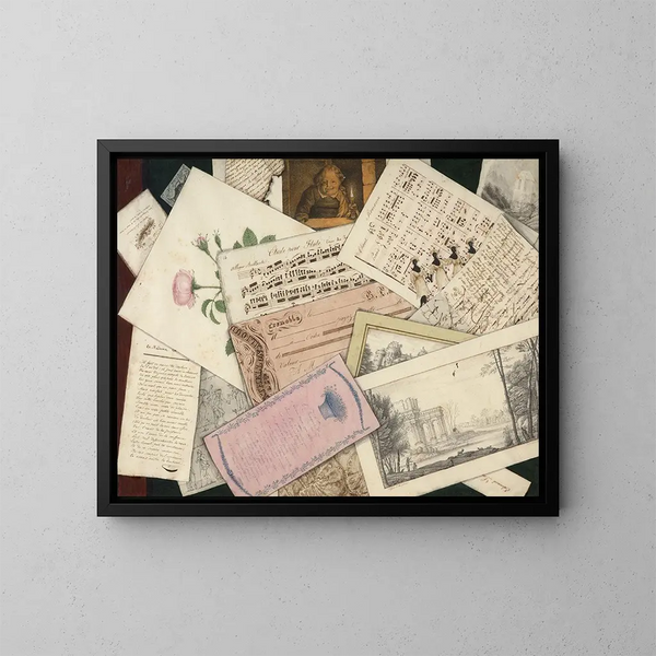 Trompe-l'œil of prints, drawings, and sheet music - French School — framed artwork on a wall
