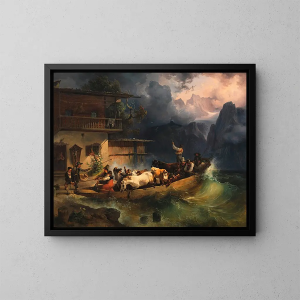A mountain ship in the storm - Friedrich August Matthias Gauermann — framed artwork on a wall