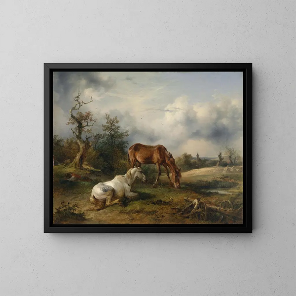 Horse and fox in the meadow - Friedrich August Matthias Gauermann — framed artwork on a wall