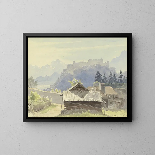 View of Hohensalzburg Fortress from Capuchin Mountain - Friedrich Ernst Morgenstern — framed artwork on a wall