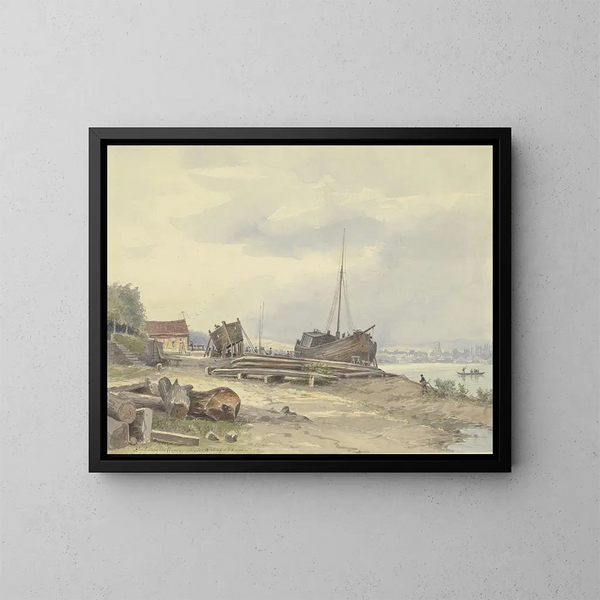 Shipyard on the Rhine riverbank near Niederwalluf - Friedrich Ernst Morgenstern — framed artwork on a wall