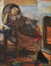 Meisje met een kat bij de open haard - Friedrich Ferdinand Koch — weergave van het kunstwerk