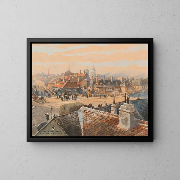 View of the Viennese suburb of Lichtenthal with the Schubert Church - Friedrich Frank — framed artwork on a wall