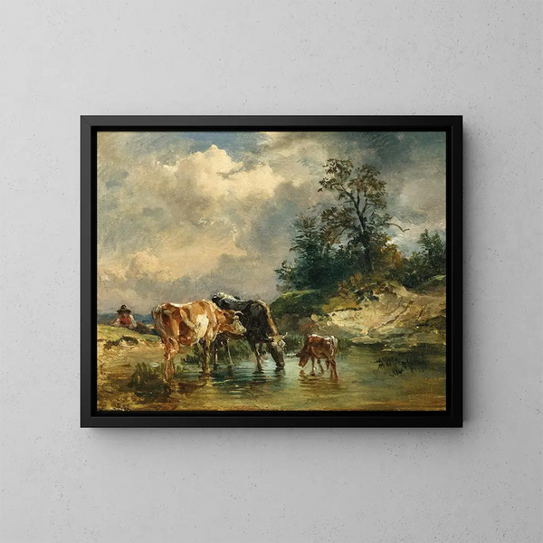 Koeien bij een drinkbak - Friedrich Gauermann — ingelijst kunstwerk aan de muur