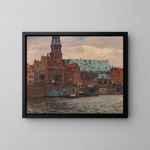 Uitzicht op de Sint-Catharinakerk in Hamburg - Friedrich Kallmorgen — ingelijst kunstwerk aan de muur