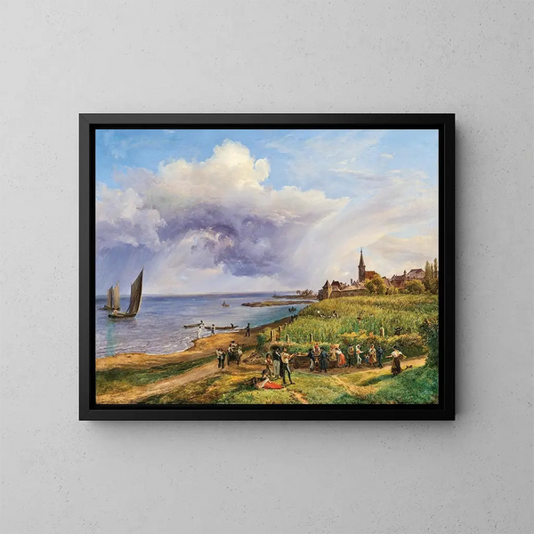 Harvest near Rust on Lake Neusiedl - Friedrich Loos — framed artwork on a wall