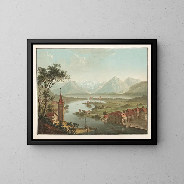 Lake and City of Thun with the Aar River, bird's-eye view from the castle terrace - Friedrich Rosenberg — framed artwork on a wall