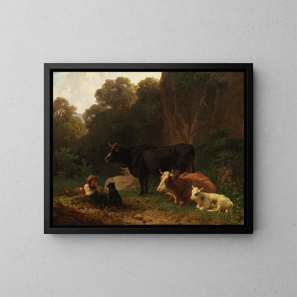 Young shepherd with a khen against the rocky wall - Friedrich Voltz — framed artwork on a wall