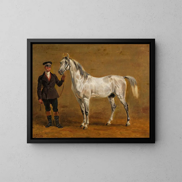 Gray Horse with Cavalry Officer - Friedrich Voltz — framed artwork on a wall