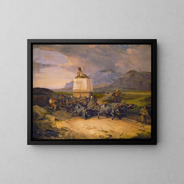 Bison dragging a marble block - Friedrich von Nerly — framed artwork on a wall