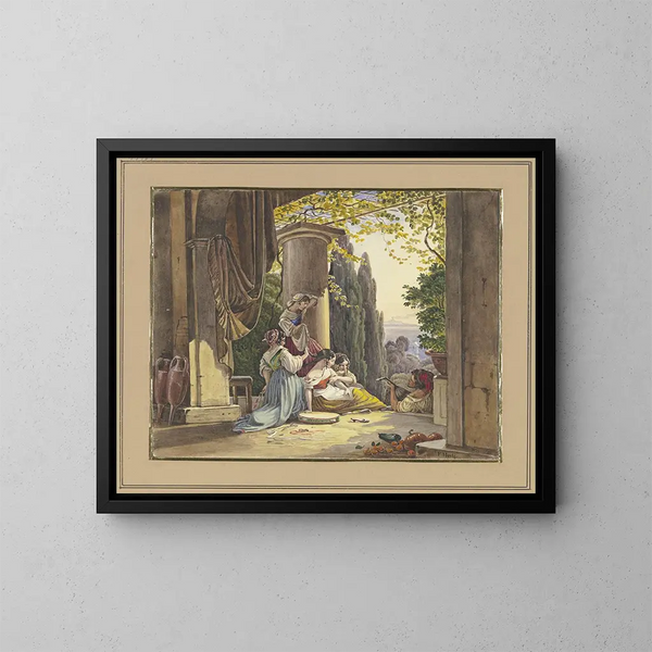 Terrasse italienne avec fille et joueur de luth - Friedrich von Nerly — framed artwork on a wall