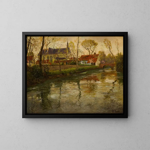 a river landscape with a church beyond - Frits Thaulow — framed artwork on a wall
