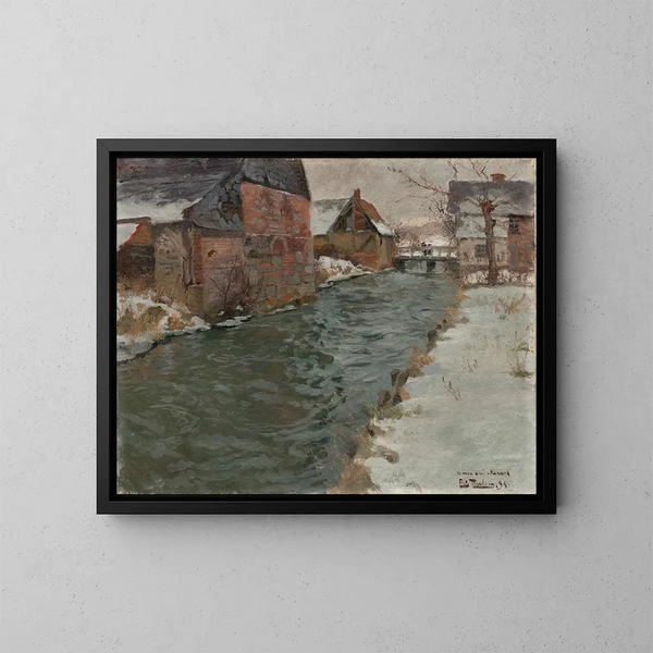Hameau au bord de la rivière - Frits Thaulow — framed artwork on a wall