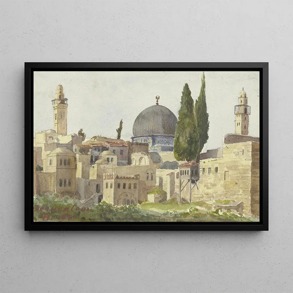 Partial view of Jerusalem with a view of the Omar Mosque - Fritz Hauck — framed artwork on a wall