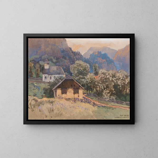 a small church and a shelter in the Gesäuse mountains at Johnsbach - Fritz Lach — framed artwork on a wall