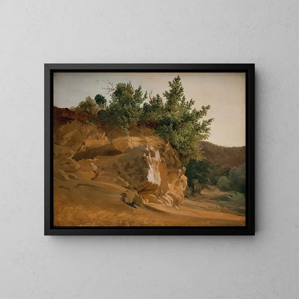 Italian mountain landscape painting with overgrown rock, probably near Olevano - Fritz Petzholdt — framed artwork on a wall