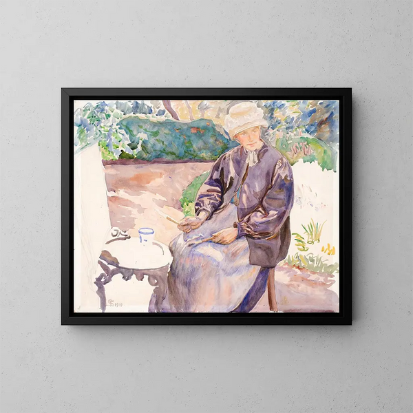 The artist's wife, painter Anna Syberg in the blacksmith's garden - Fritz Syberg — framed artwork on a wall
